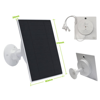 Front- und Rückansicht eines weißen Solarpanels mit verstellbarer Wandhalterung für Vogelhaus-Kameras, 2 Anschlusskabel; Maße 173×163×35 mm