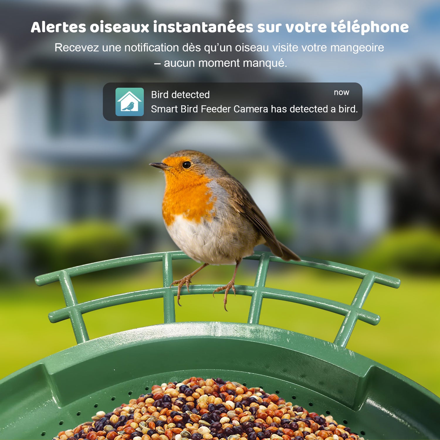 Smartes Vogelhaus mit Kamera: Rotkehlchen auf grünem Futterspender mit Körnermix; eingeblendete Smartphone-Benachrichtigung zur Vogelerkennung