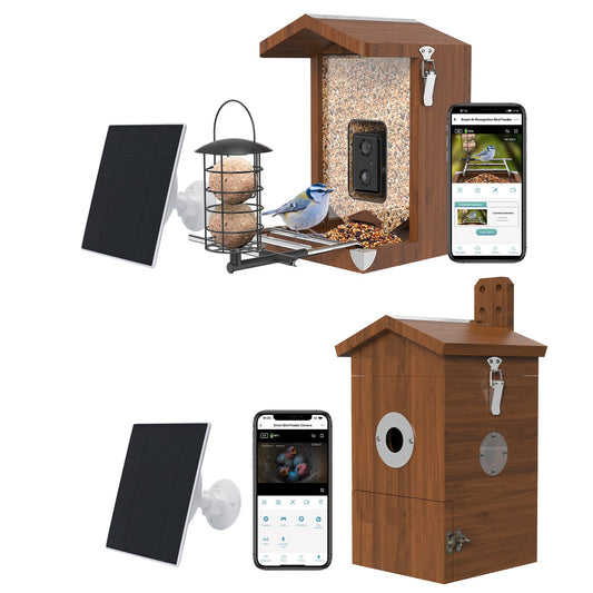 Vogelhaus mit integrierter Überwachungskamera, Solarpanel, Meisenknödelhalter und Anzeige der Smartphone-App
