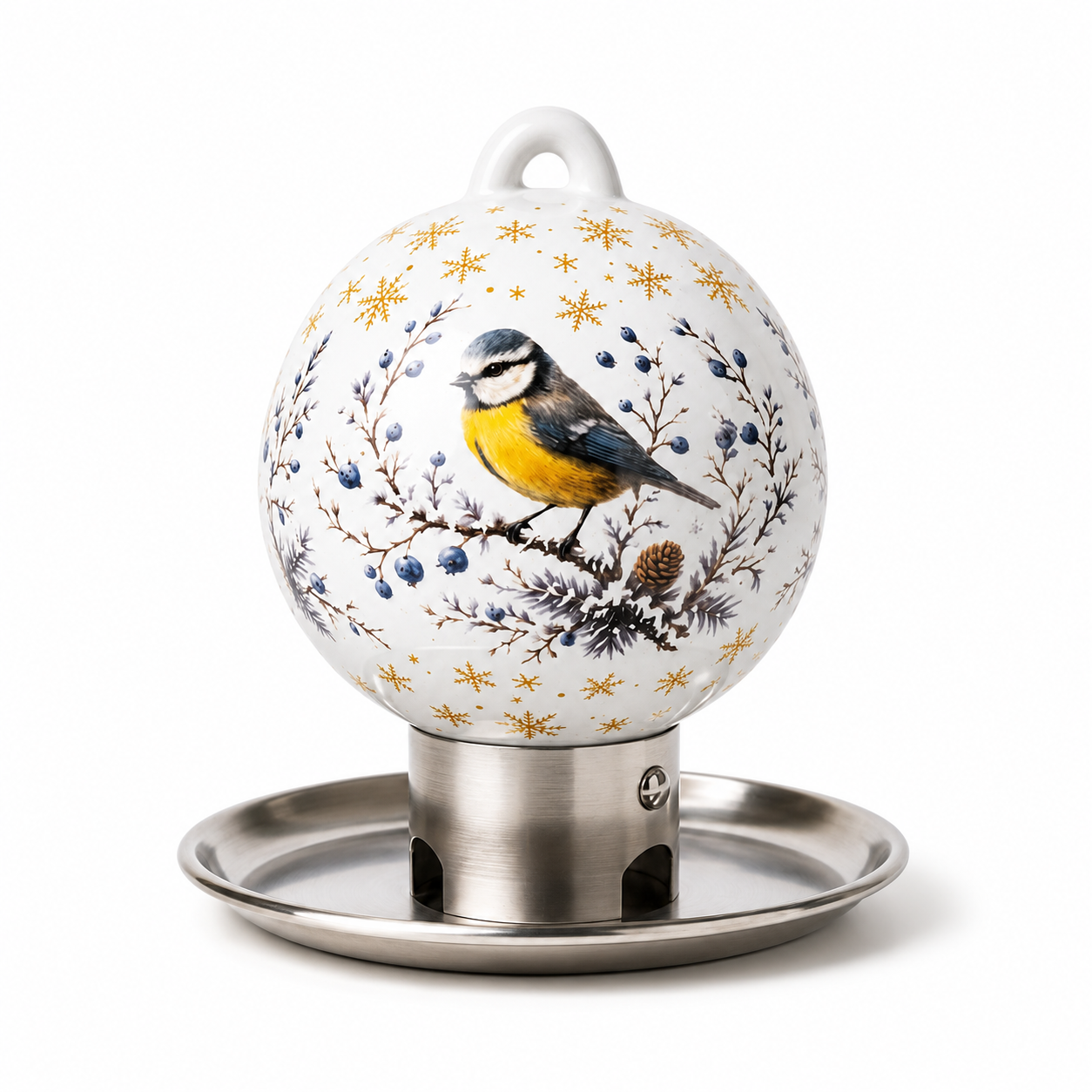 Weiße Premium Vogelfutterkugel aus Porzellan mit Blaumeisen-Motiv, wetterfester Vogelfutterspender für heimische Gartenvögel
