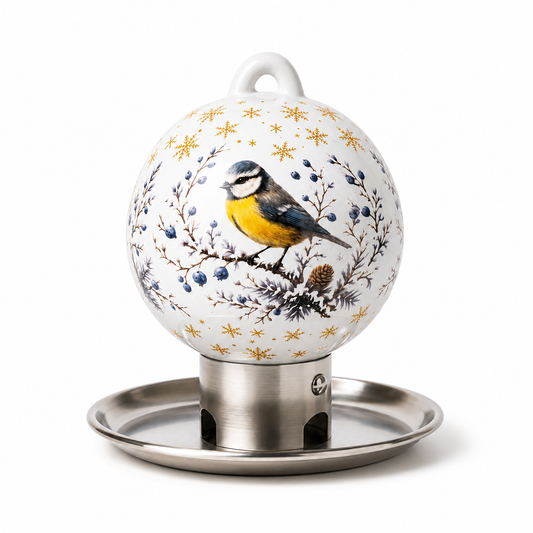Weiße Premium Vogelfutterkugel aus Porzellan mit Blaumeisen-Motiv, wetterfester Vogelfutterspender für heimische Gartenvögel