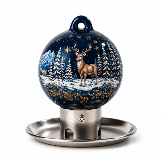Blaue Porzellan Vogelfutterkugel mit Hirsch-Motiv inklusive Edelstahlschale, hochwertiger Vogelfutterspender für Garten und Balkon