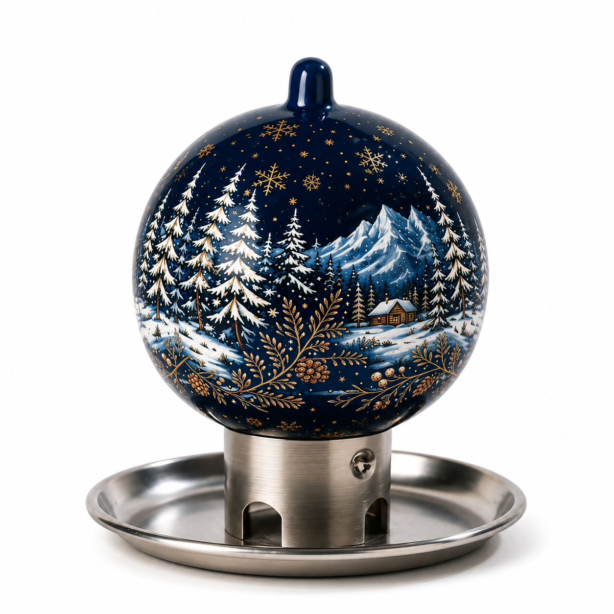 Blaue Porzellan Vogelfutterkugel mit Hirsch-Motiv inklusive Edelstahlschale, hochwertiger Vogelfutterspender für Garten und Balkon