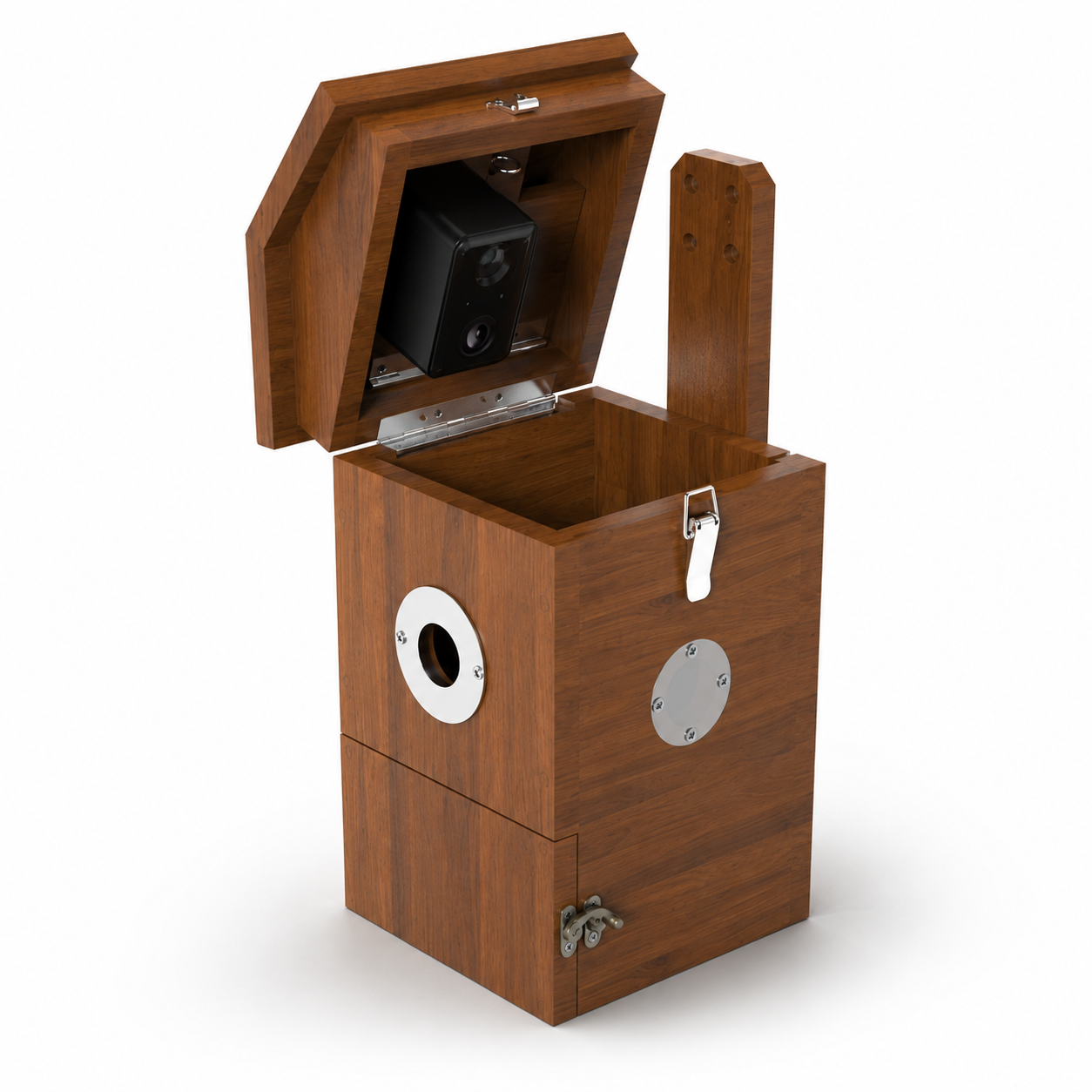 Nistkasten mit Kamera geöffnet, Vogelhaus mit Solarpanel und HD-Kamera für die Beobachtung heimischer Wildvögel