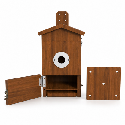 Nistkasten mit Kamera geöffnet, Vogelhaus mit Solarpanel und HD-Kamera für die Beobachtung heimischer Wildvögel
