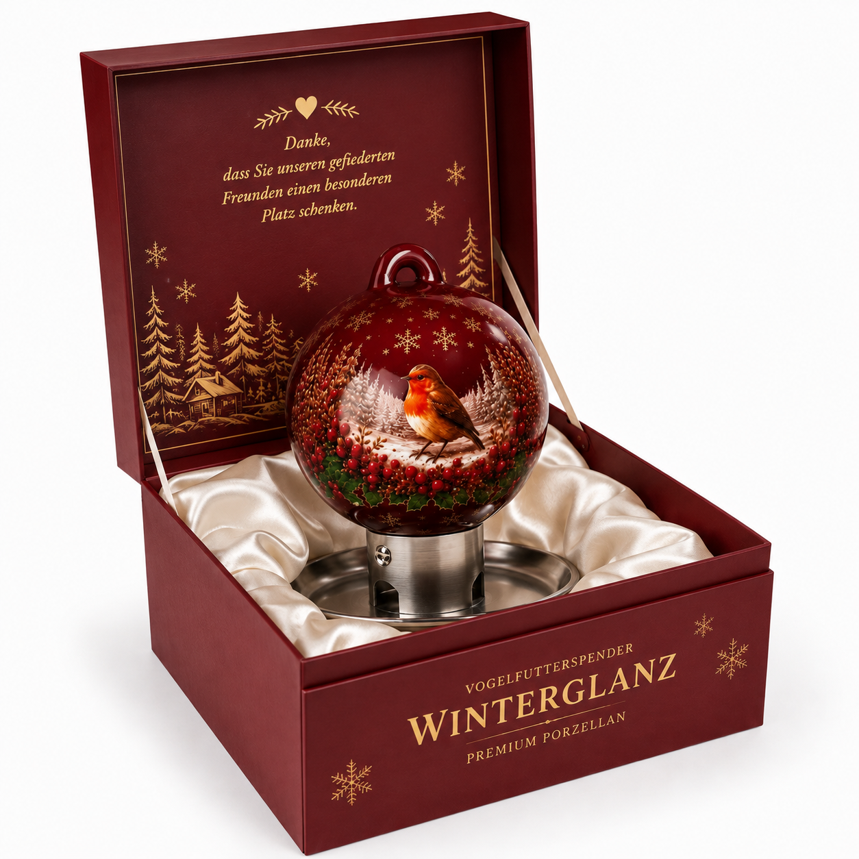 Rote Premium Vogelfutterkugel mit Rotkehlchen-Motiv in hochwertiger Geschenkverpackung für Vogelliebhaber