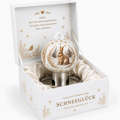 Weiße Premium Vogelfutterkugel mit Schneehasen-Motiv in hochwertiger Geschenkverpackung für Naturliebhaber und Vogelfreunde