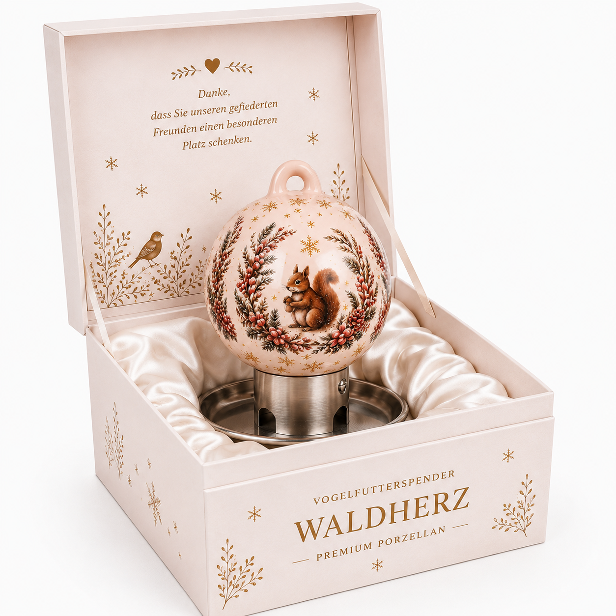 Weiße Premium Vogelfutterkugel mit Eichhörnchen-Motiv in hochwertiger Geschenkverpackung für Naturliebhaber und Vogelfreunde