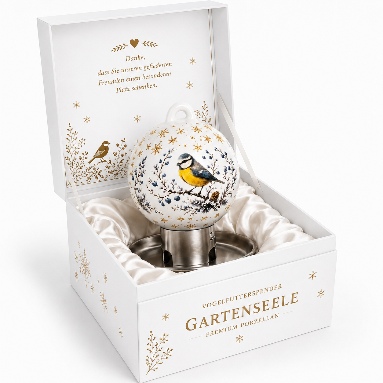 Weiße Premium Vogelfutterkugel mit Blaumeisen-Motiv in hochwertiger Geschenkverpackung für Vogelliebhaber