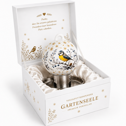 Weiße Premium Vogelfutterkugel mit Blaumeisen-Motiv in hochwertiger Geschenkverpackung für Vogelliebhaber