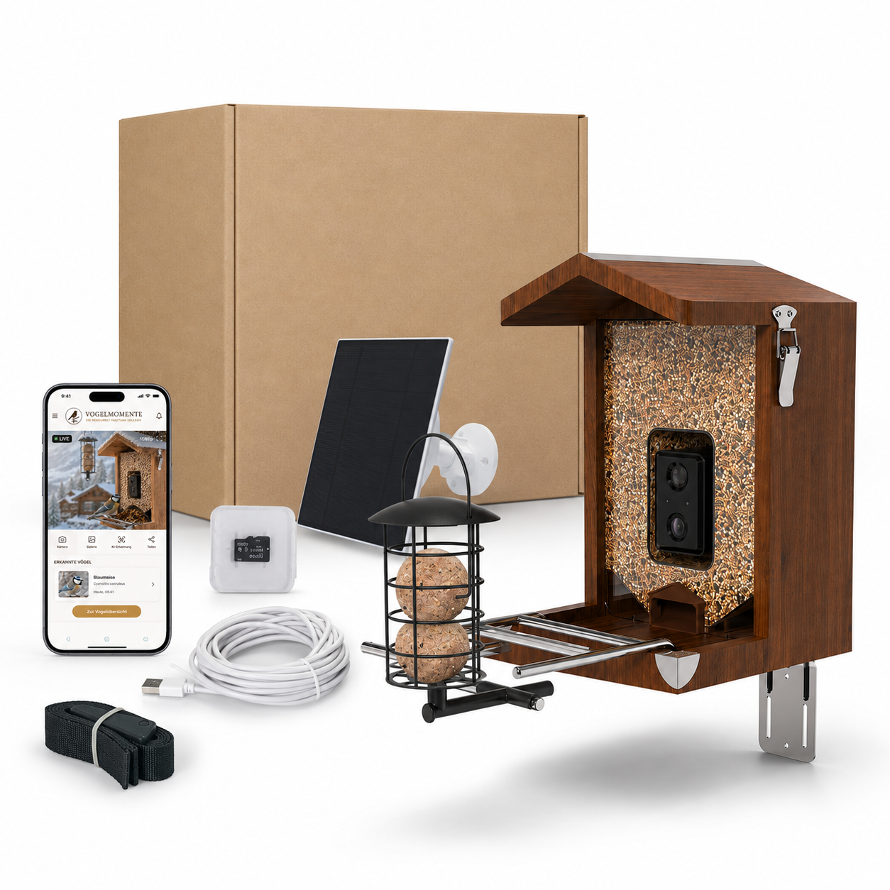 Holz-Vogelhaus mit eingebauter Kamera, Solarpanel, Montagehalter, USB-Kabel, Meisenknödelhalter, Verpackungskarton und Smartphone mit Live-Ansicht eines Vogels