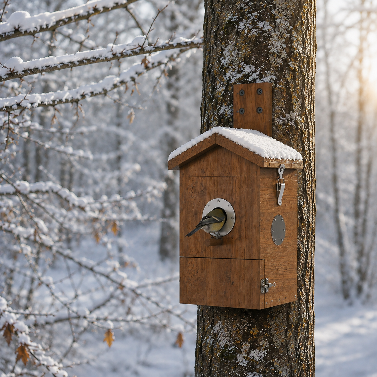 Blaumeise verschwindet in Vogel Nistkasten mit Kamera im verschneiten Winterwald