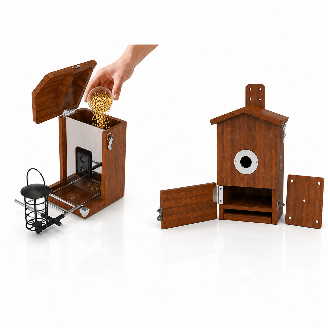 Geöffnetes Holz Vogelhaus mit Kamera und Solarpanel zur Reinigung und Beobachtung heimischer Gartenvögel