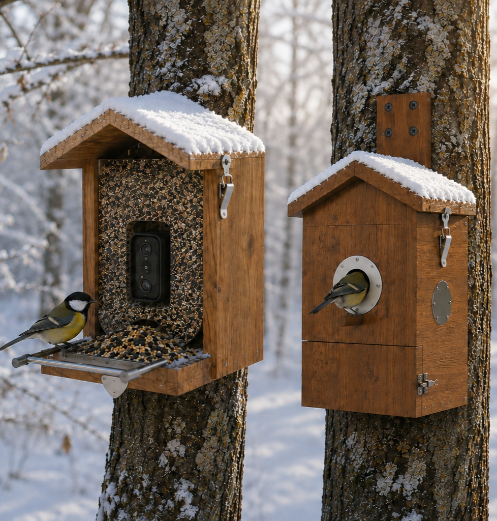 Holz Vogelhaus mit Kamera und Solarpanel im winterlichen Garten zur Beobachtung heimischer Wildvögel