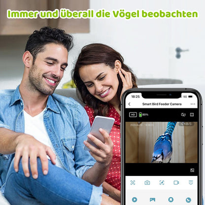 Mann und Frau schauen sich auf dem Sofa einen Vogel in der BirdLover App an