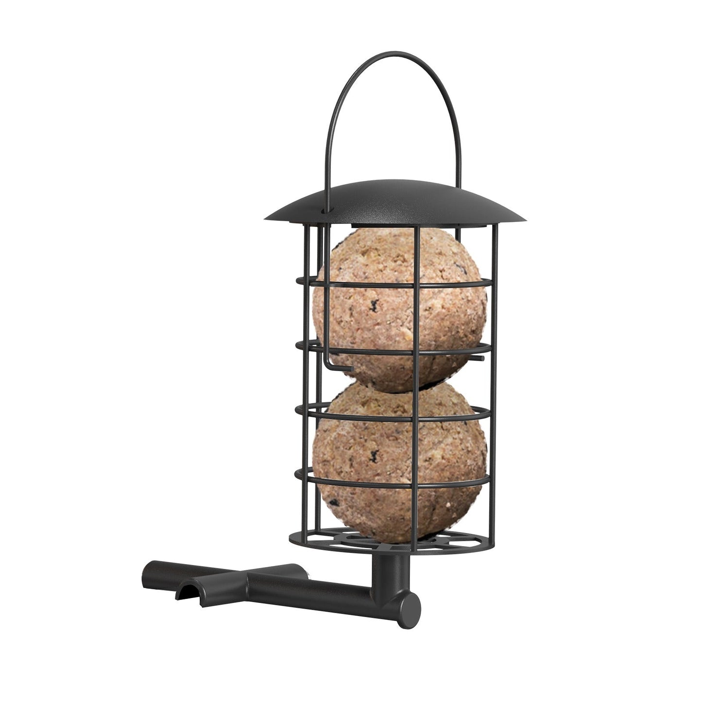 Schwarzer Metall-Futterspender für Meisenknödel, zylindrischer Käfig mit zwei Knödeln und abgewinkelter Befestigungsstange