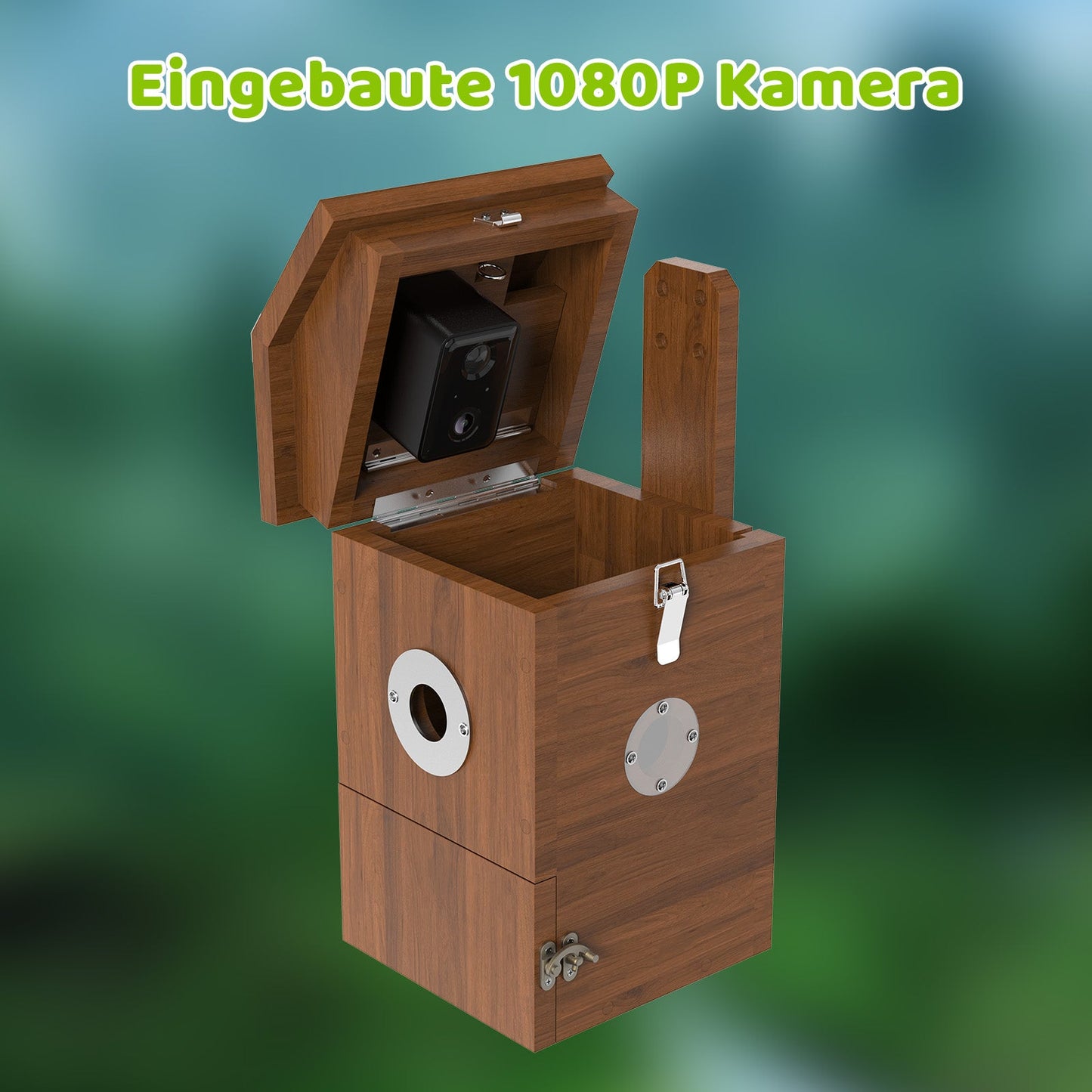 Vogelhaus aus Holz mit geöffnetem Deckel und eingebauter 1080p‑Kamera, sichtbares Einflugloch mit Metallblende und Verschluss