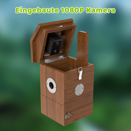 Vogelhaus aus Holz mit geöffnetem Deckel und eingebauter 1080p‑Kamera, sichtbares Einflugloch mit Metallblende und Verschluss