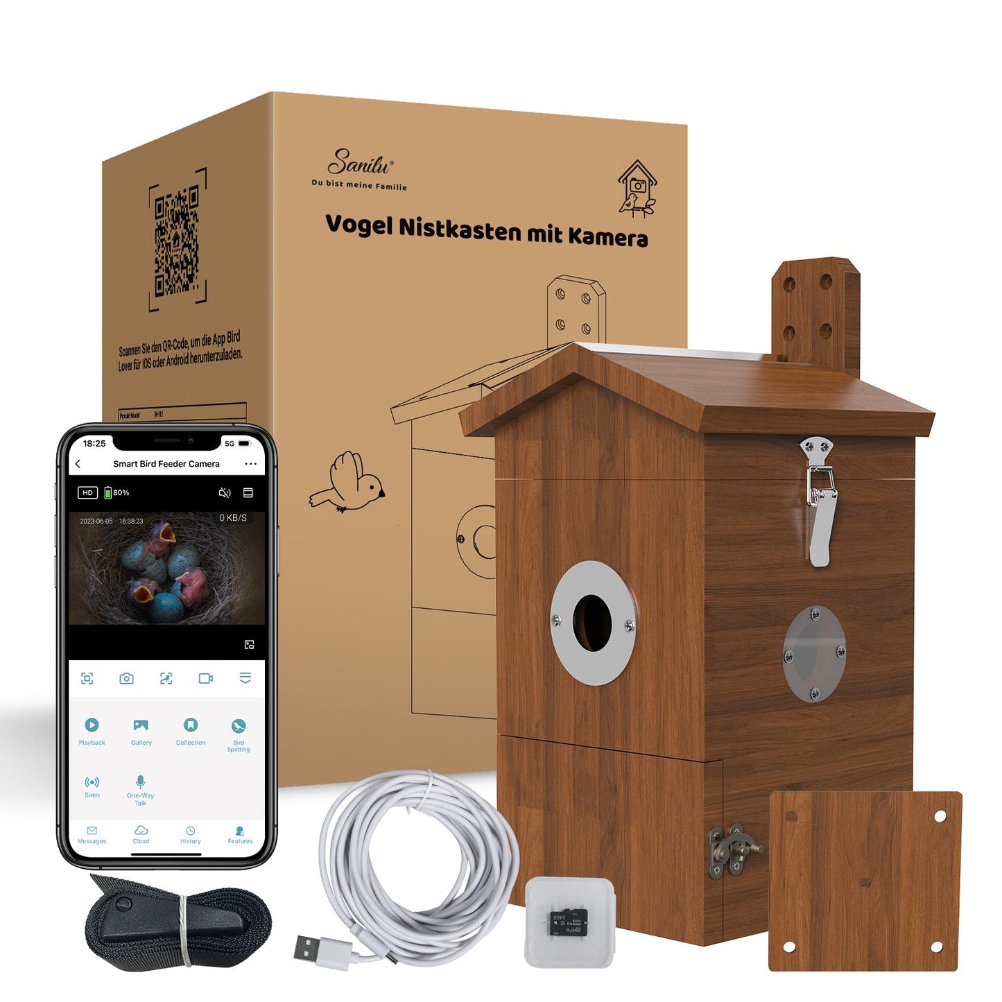 Vogelnistkasten aus Holz mit integrierter Kamera, Kartonverpackung, Smartphone mit Live-Ansicht eines Vogelnests, USB-Kabel, Montageplatte und Befestigungszubehör