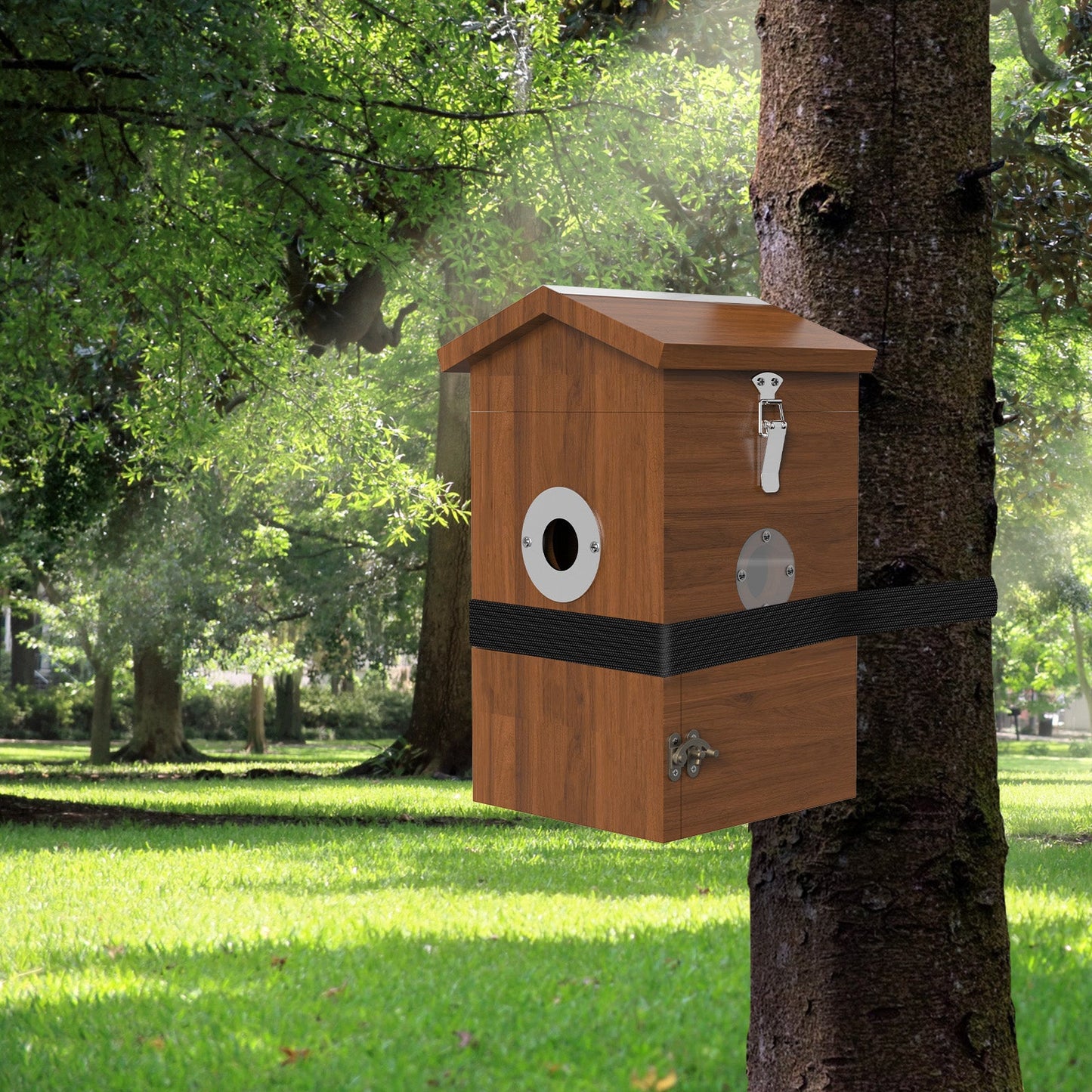 Braunes Holz-Vogelhaus mit integrierter Kamera, Metall‑Einflugloch und Verschluss, mit schwarzem Gurt an Baum befestigt vor parkähnlichem Hintergrund
