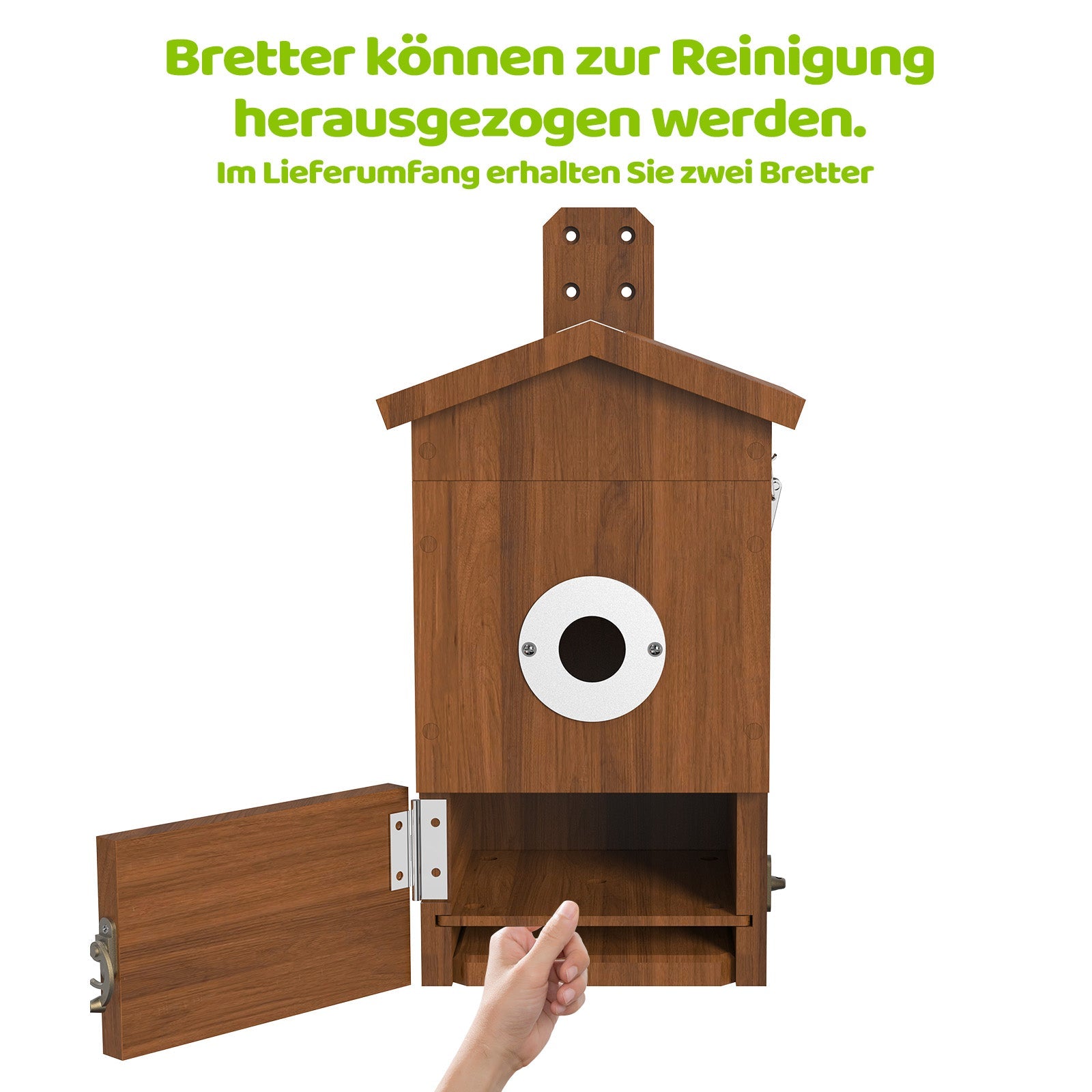 Holz-Vogelhaus mit rundem Einflugloch (weiße Umrandung), geöffneter Tür und Hand, die ein herausziehbares Reinigungsbrett entnimmt