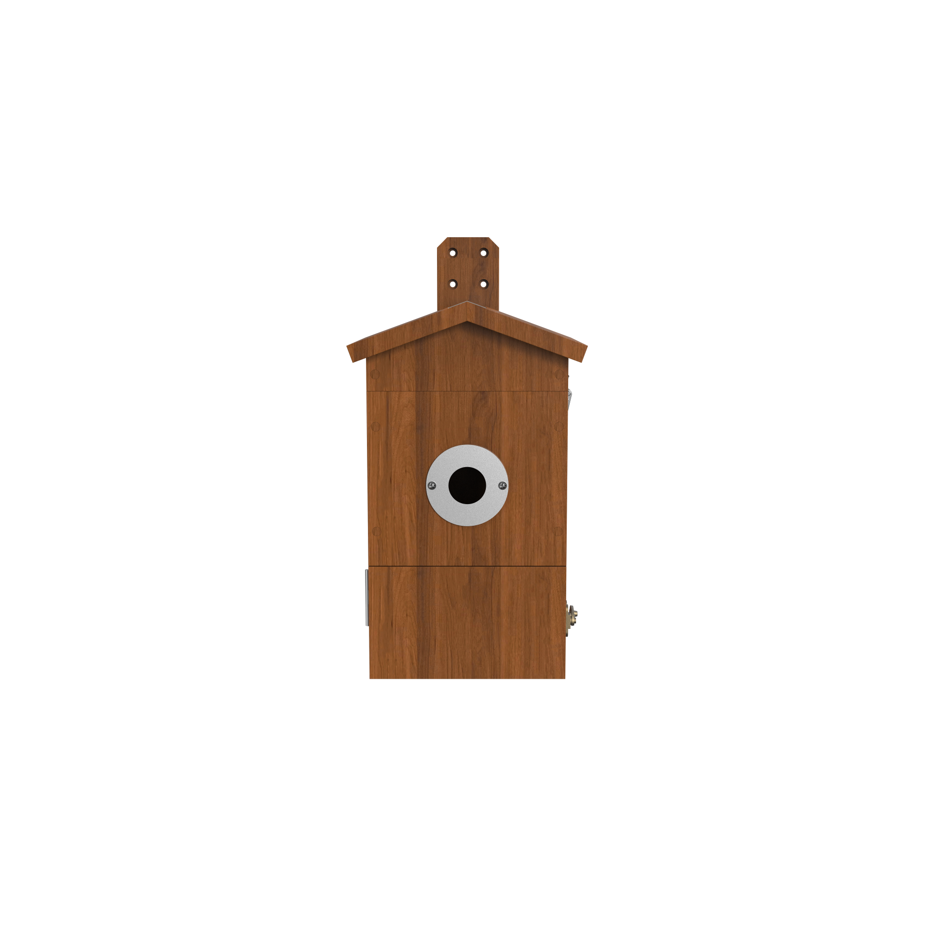 Holz-Vogelhaus mit spitzem Dach, rundem Metalleingang und integrierter Kamera, Frontansicht