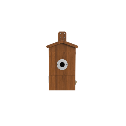 Holz-Vogelhaus mit spitzem Dach, rundem Metalleingang und integrierter Kamera, Frontansicht