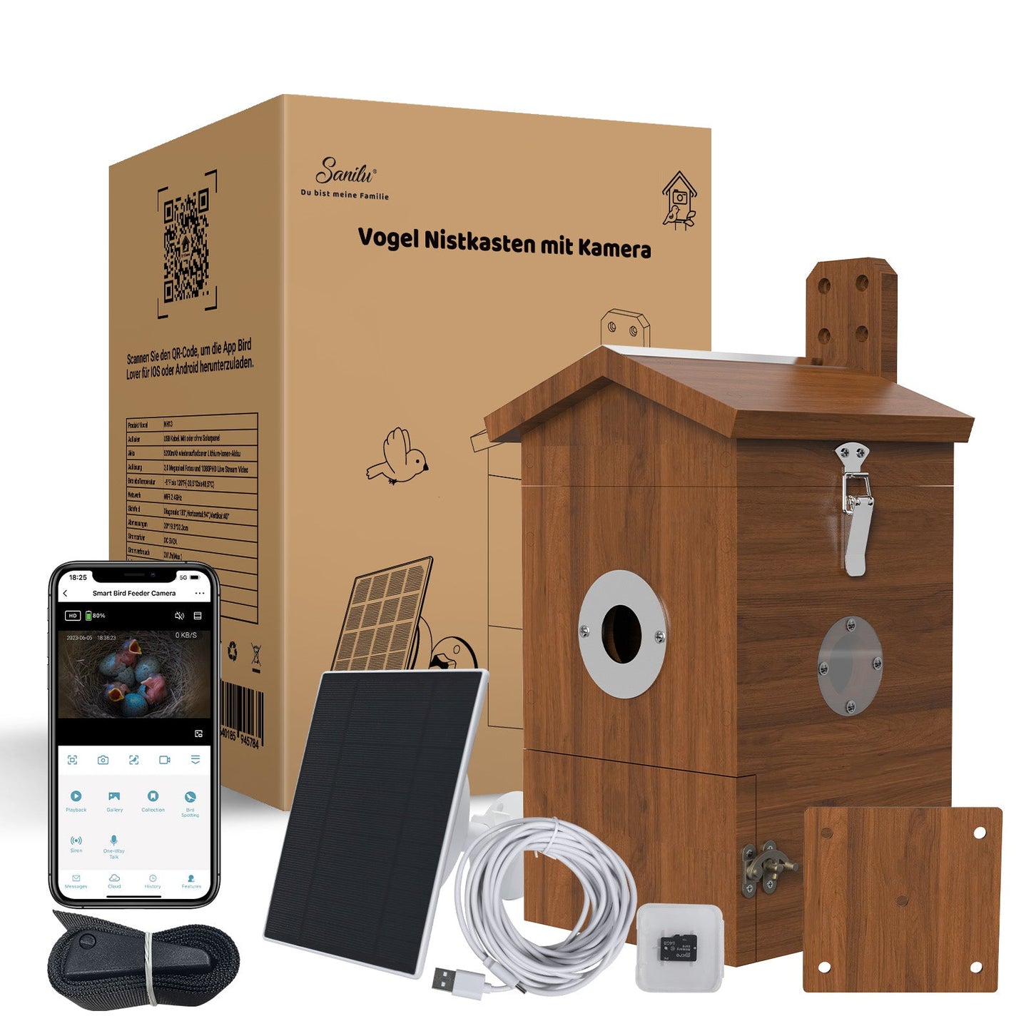 Holz-Vogelnistkasten mit integrierter Kamera, Solarpanel, USB-Kabel, Montageplatte, Smartphone-App-Anzeige und Produktverpackung