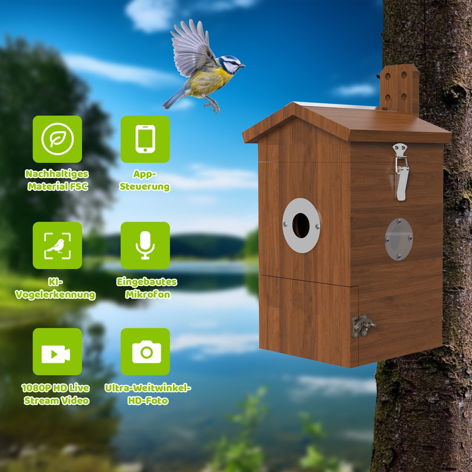 Holz-Vogelhaus mit integrierter Kamera an einem Baum, Blaumeise im Anflug und Produkt-Icons für FSC-Material, App-Steuerung, KI-Vogelerkennung, eingebautes Mikrofon, 1080p Live-Stream und Ultra-Weitwinkel-Foto vor Seehintergrund