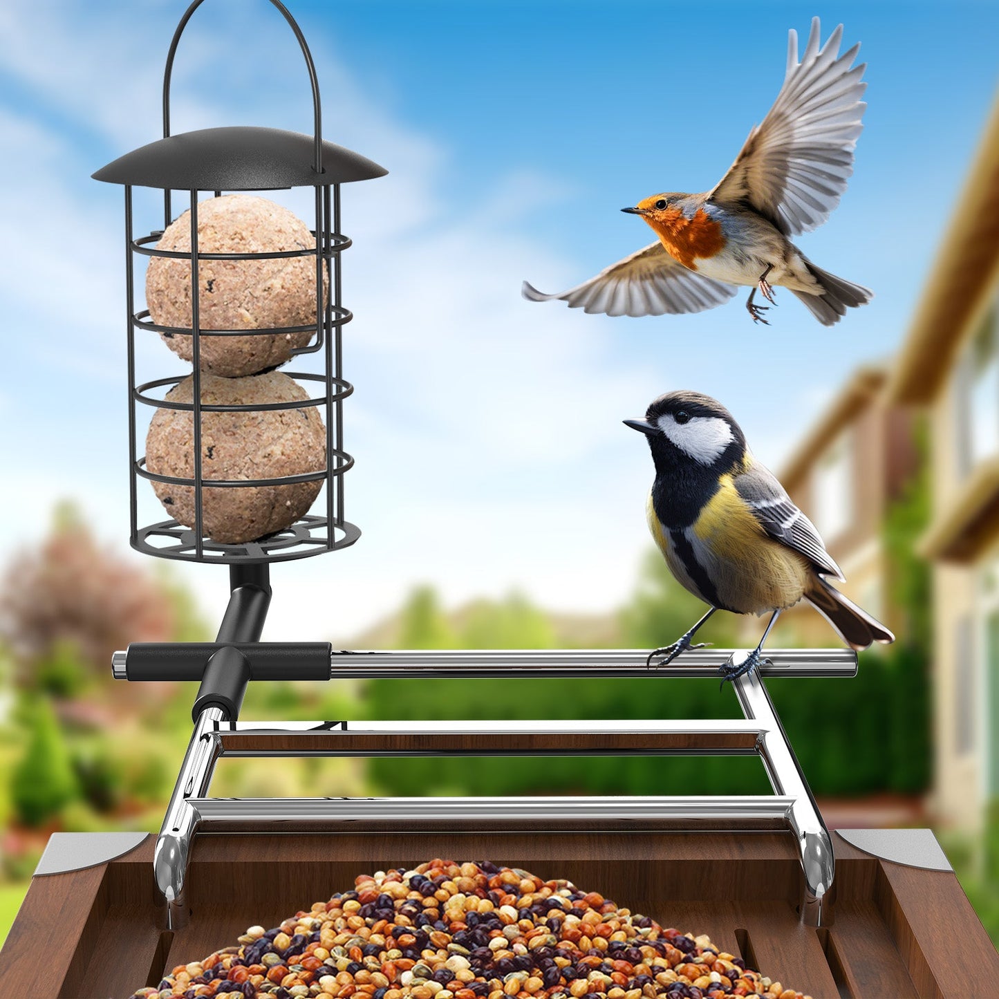 Vogel-Futterstation mit Metallgitter für Fettkugeln, verstellbare Sitzstange über Holztrog mit Mischsaat, Kohlmeise sitzt auf der Stange und Rotkehlchen fliegt vor unscharfem Gartenhintergrund