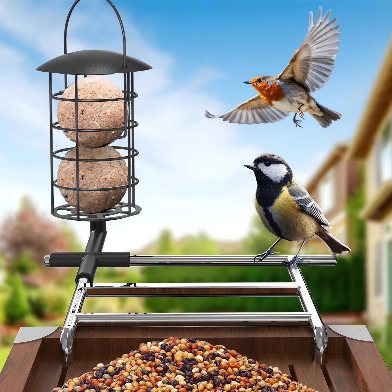 Vogel-Futterstation mit Metallgitter für Fettkugeln, verstellbare Sitzstange über Holztrog mit Mischsaat, Kohlmeise sitzt auf der Stange und Rotkehlchen fliegt vor unscharfem Gartenhintergrund