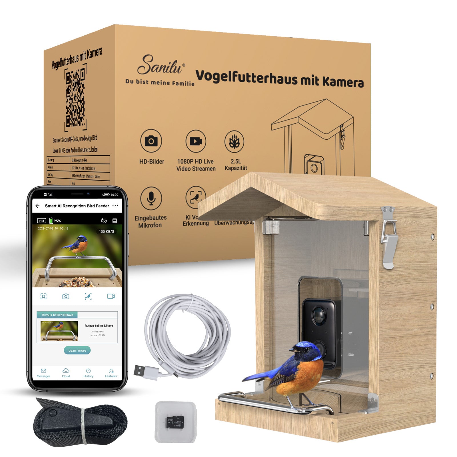 Vogelfutterhaus mit Kamera ohne Solarpanel - Der Lieferumfang bildlich zusammengefasst