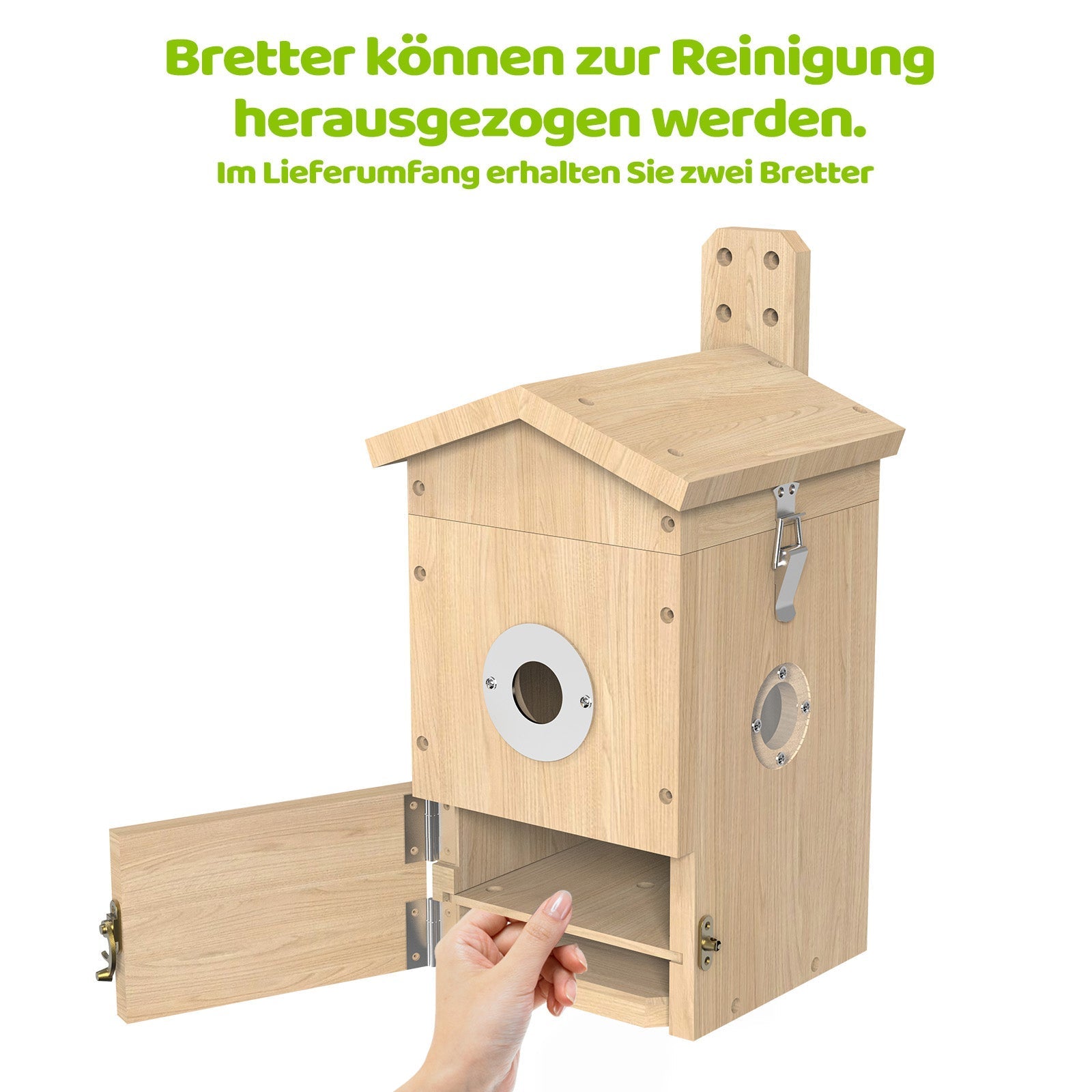 Vogel Nistkasten mit Kamera - Demonstration der Herausnahme der Bretter zur Reinigung