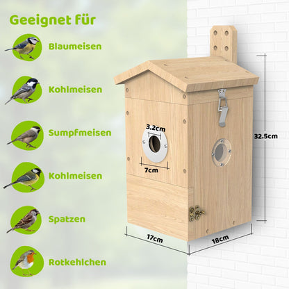 Nistkasten mit Kamera - Geeignet für Grafik - Vogelnistkasten mit Kamera mit Maßen und geeigneten Vögeln