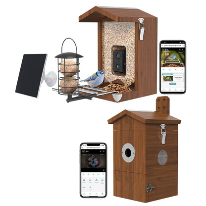 Vogel Nistkasten mit Kamera ohne Solarpanel und Vogelfutterhaus mit Kamera mit Solarpanel gemeinsam als Übersicht
