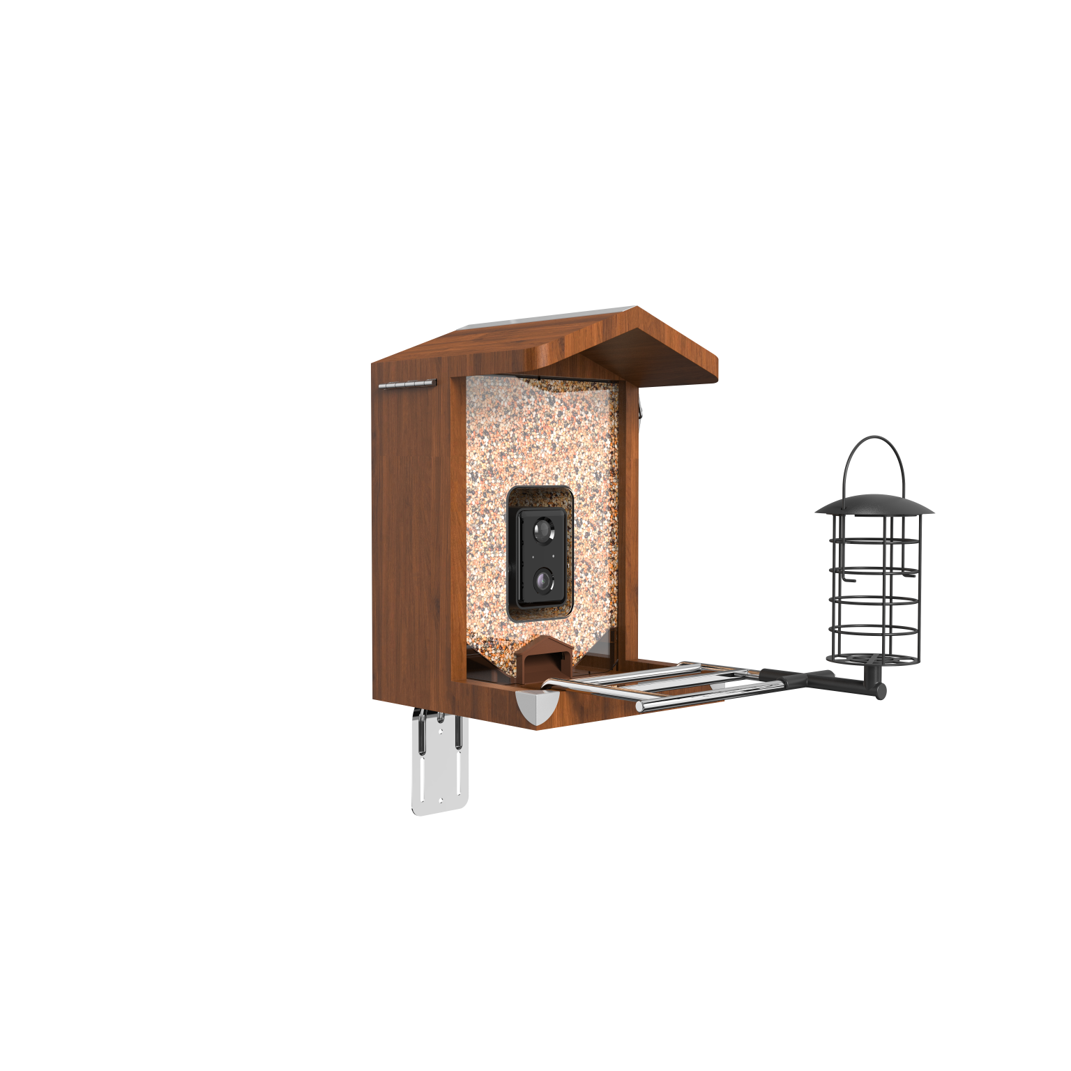 Vogelhaus aus Holz mit integrierter Kamera in futtergefüllter Rückwand, ausklappbarer Sitzstange, seitlichem Metall-Futterkorb und Wandhalterung