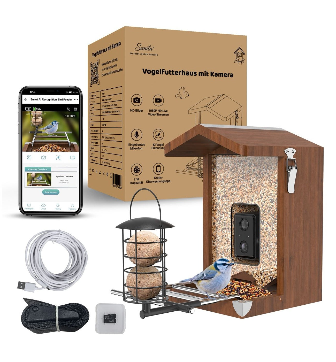 Vogelfutterhaus Übersicht mit Lieferumfang - Variante ohne Solarpanel