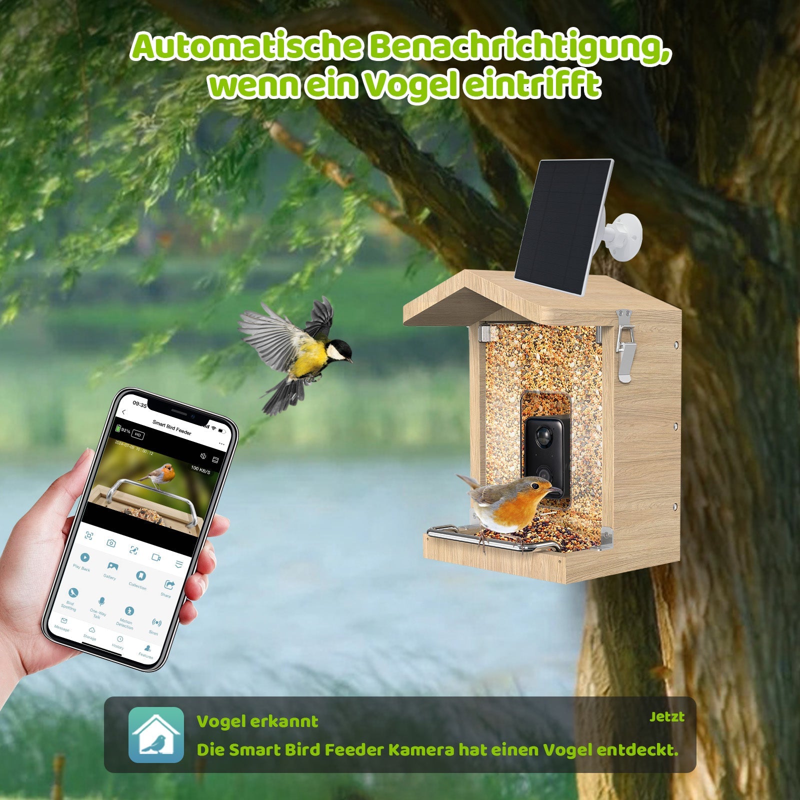 Vogelfutterhaus mit Kamera - Die App erkennt einen Vogel und benachrichtigt die Person am Handy