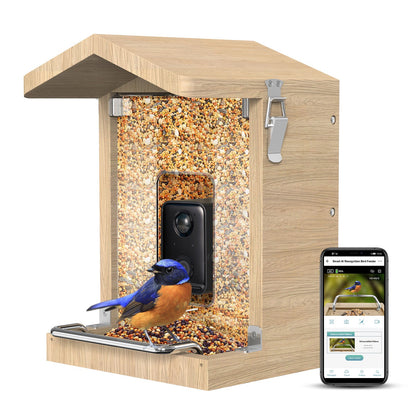 Vogelfutterhaus mit Kamera, Handy mit BirdLover-App und Vogel auf der Sitzstange
