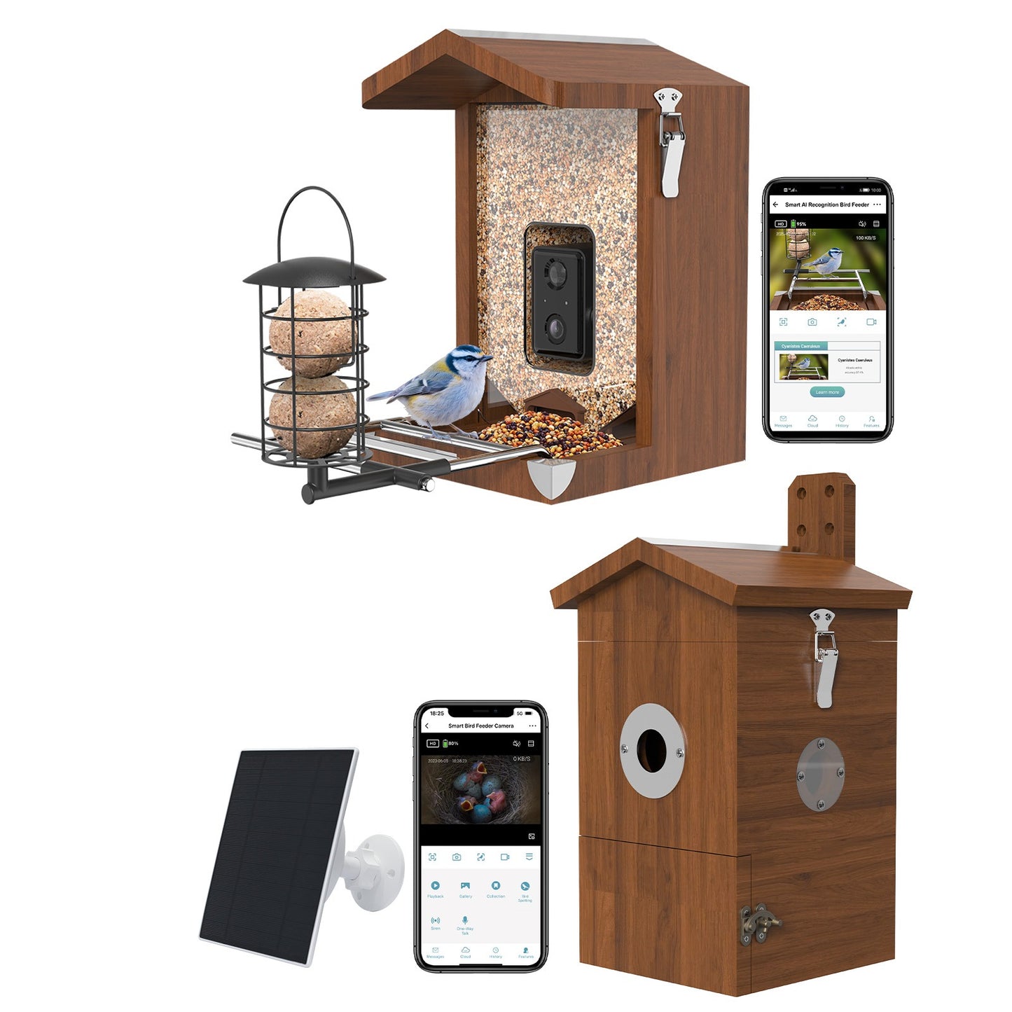 Vogel Nistkasten mit Kamera mit Solarpanel und Vogelfutterhaus mit Kamera ohne Solarpanel gemeinsam mit App