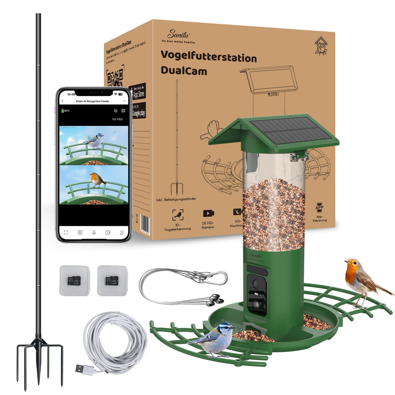 Überblick des Lieferumfangs der Vogelfutterstation DualCam von Sanilu