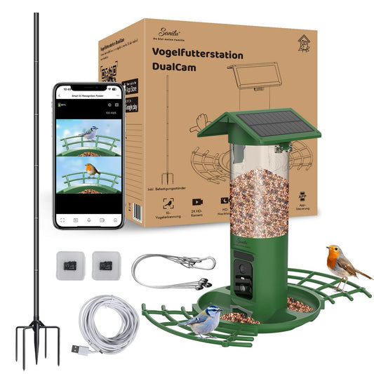 Überblick des Lieferumfangs der Vogelfutterstation DualCam von Sanilu
