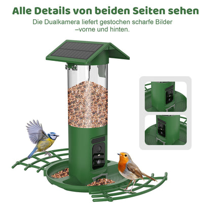 Vogelfutterstation DualCam von Sanilu - Doppel-Kamera-Ansicht mit zwei Vögeln - Text im Bild: Alle Details von beiden Seiten sehen
Die Dualkamera liefert gestochen scharfe Bilder – vorne und hinten.