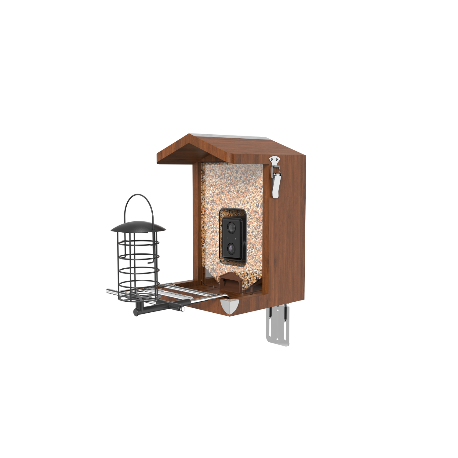 Holz-Vogelhaus mit integrierter Kamera, seitlicher Futterstation und verstellbarer Metall-Montagehalterung