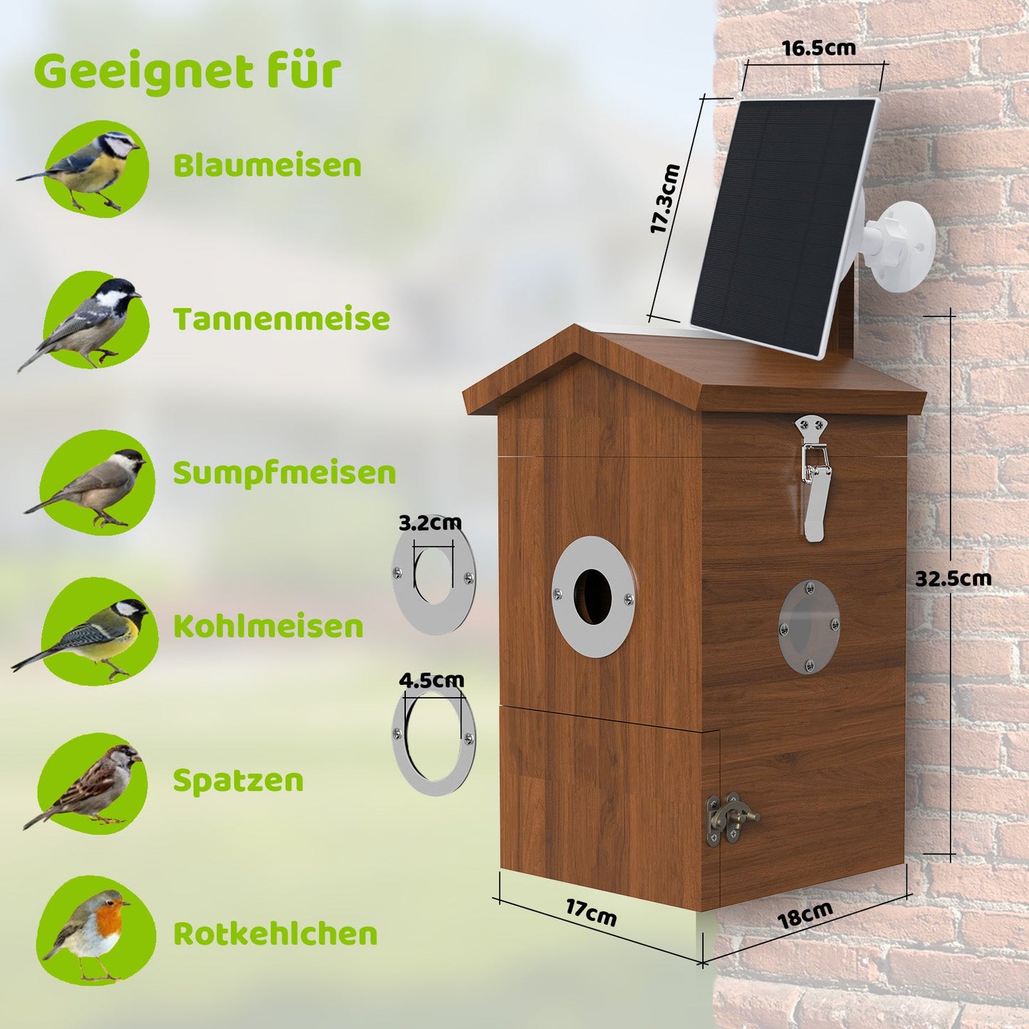 Vogel Nistkasten aus Holz mit Solarpanel - Überblick, für welche Vögel der Nistkasten geeignet ist