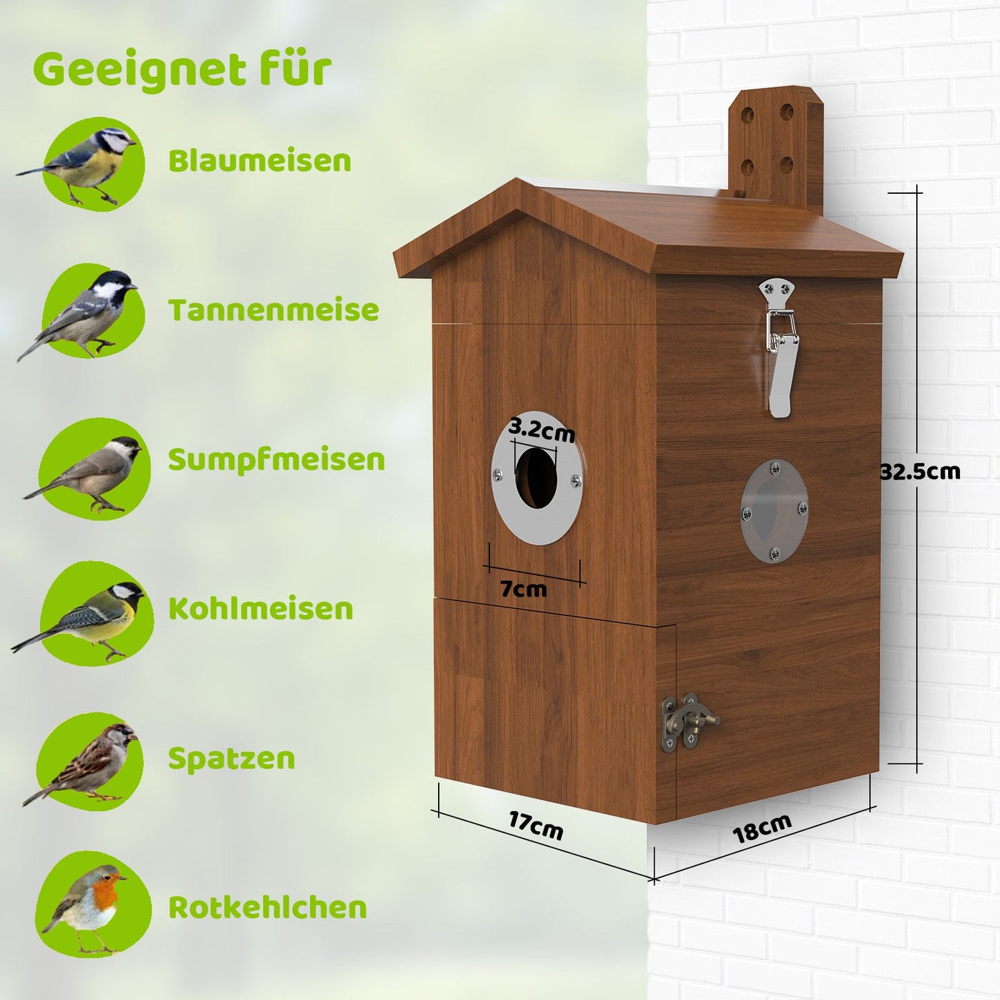 Braunes Holz-Vogelhaus mit integriertem Kamerafenster, Front-Eingangsloch Ø 3,2 cm, Seitenfenster, Verschluss und Wandhalterung, Maße 32,5 × 18 × 17 cm, geeignet für Blaumeisen, Tannenmeisen, Sumpfmeisen, Kohlmeisen, Spatzen und Rotkehlchen