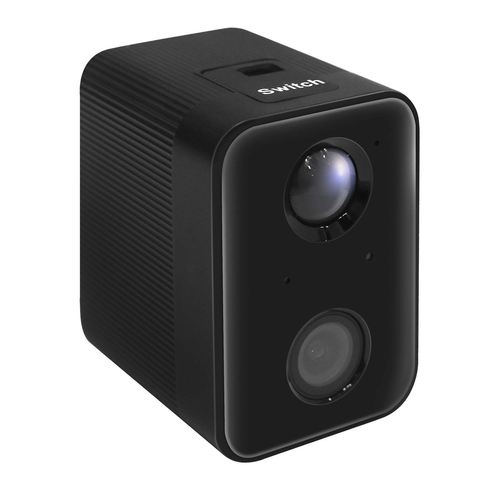 Kompakte schwarze WLAN-Überwachungskamera in rechteckigem Gehäuse mit zwei Objektiven und 'Switch'-Taste