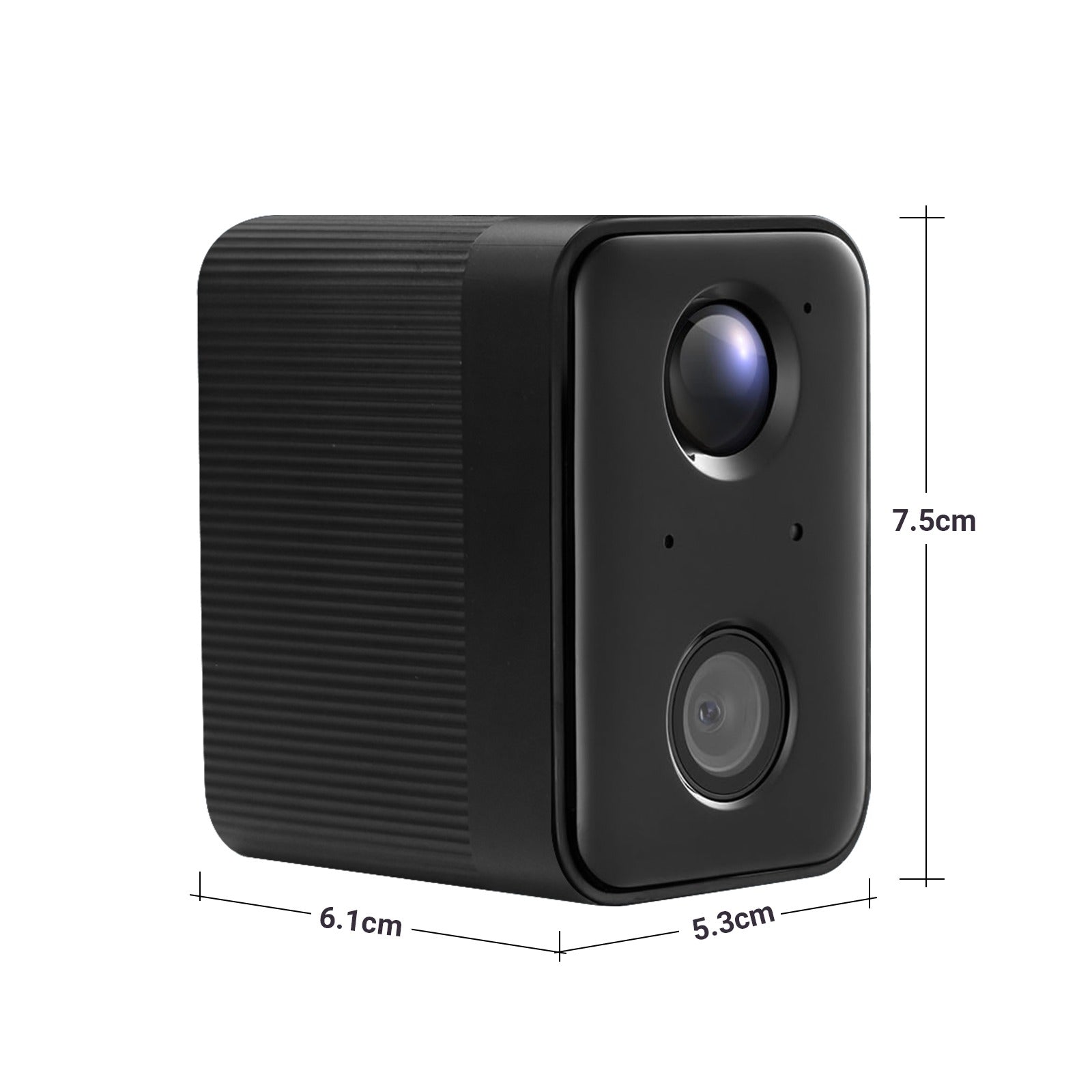 Kompakte schwarze WLAN-Kamera mit zwei Objektiven vorne und geriffeltem Gehäuse, Maße 7,5 × 5,3 × 6,1 cm