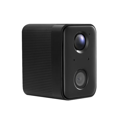 Kompakte schwarze Überwachungskamera mit zwei Linsen und geripptem Gehäuse