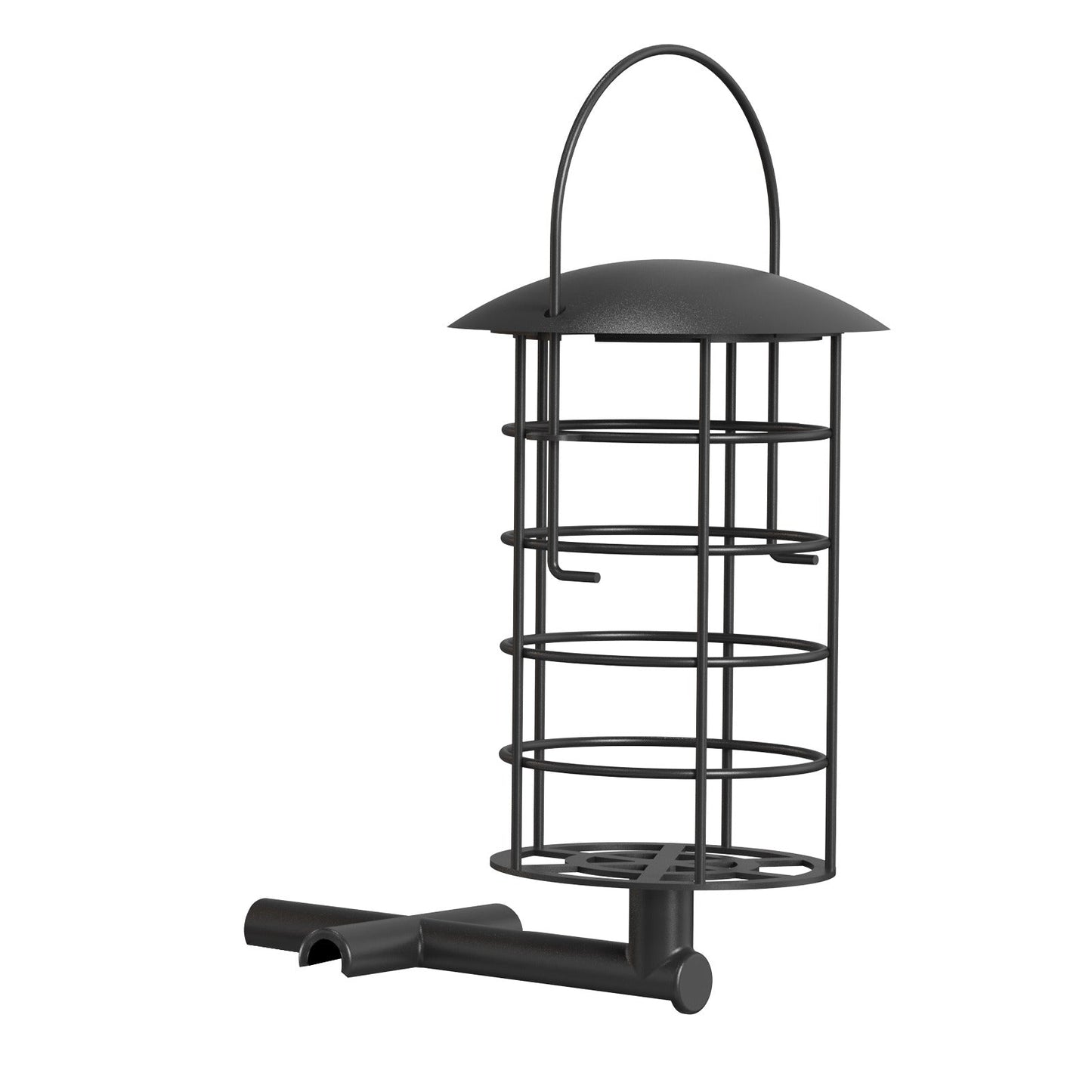 Schwarzer metallener zylindrischer Meisenknödel- und Fettfutterhalter mit gewölbtem Dach, Aufhängeschlaufe und seitlicher Sitzstange